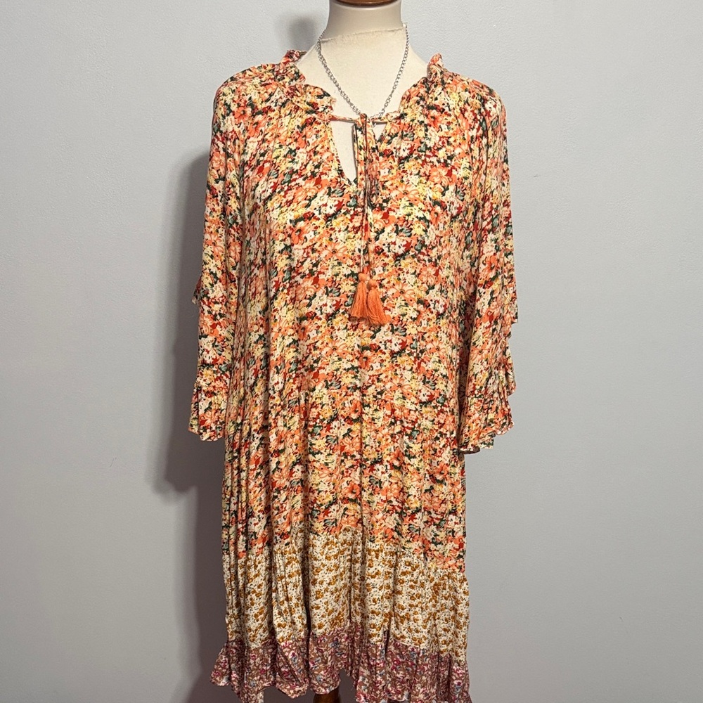 Floral Orange Tassel Midi Dress